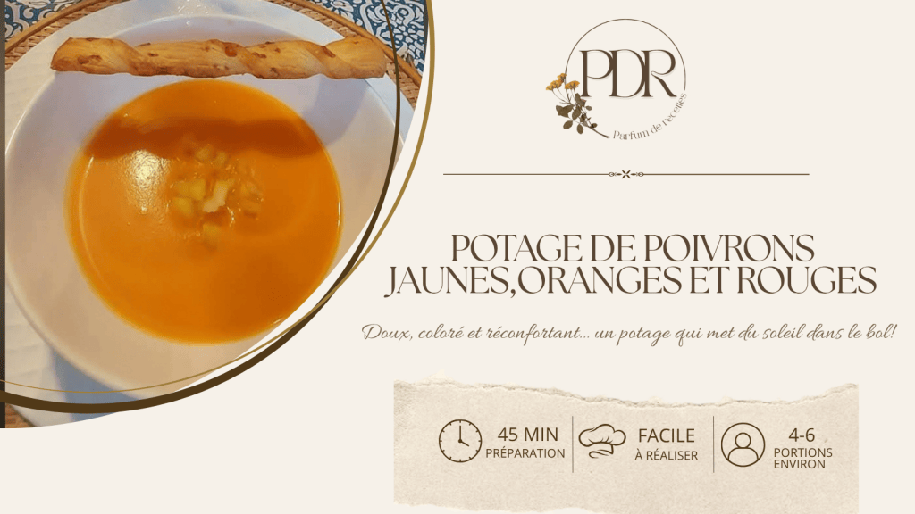 Potage aux poivrons jaunes, oranges et rouges